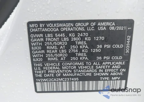 2021 Volkswagen Atlas Cross Sport 2.0T Se W/Technology from USA, damaged, VIN 1V2WC2CA2MC237495
